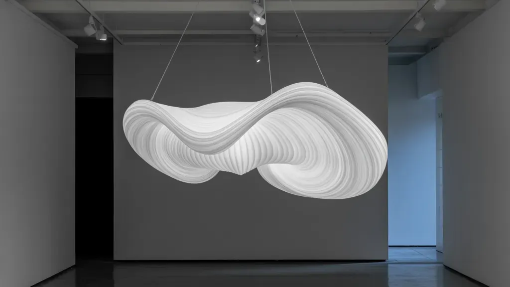 Large suspended wave-form sculpture in a gallery hall